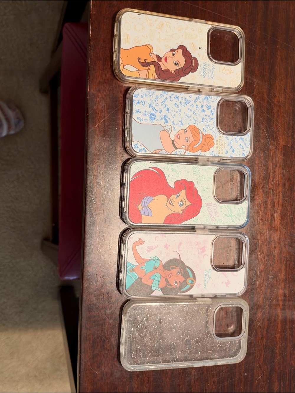 Disney Princess Clear Phone Cases with Beige, Blue, Red, Teal and Glitter
